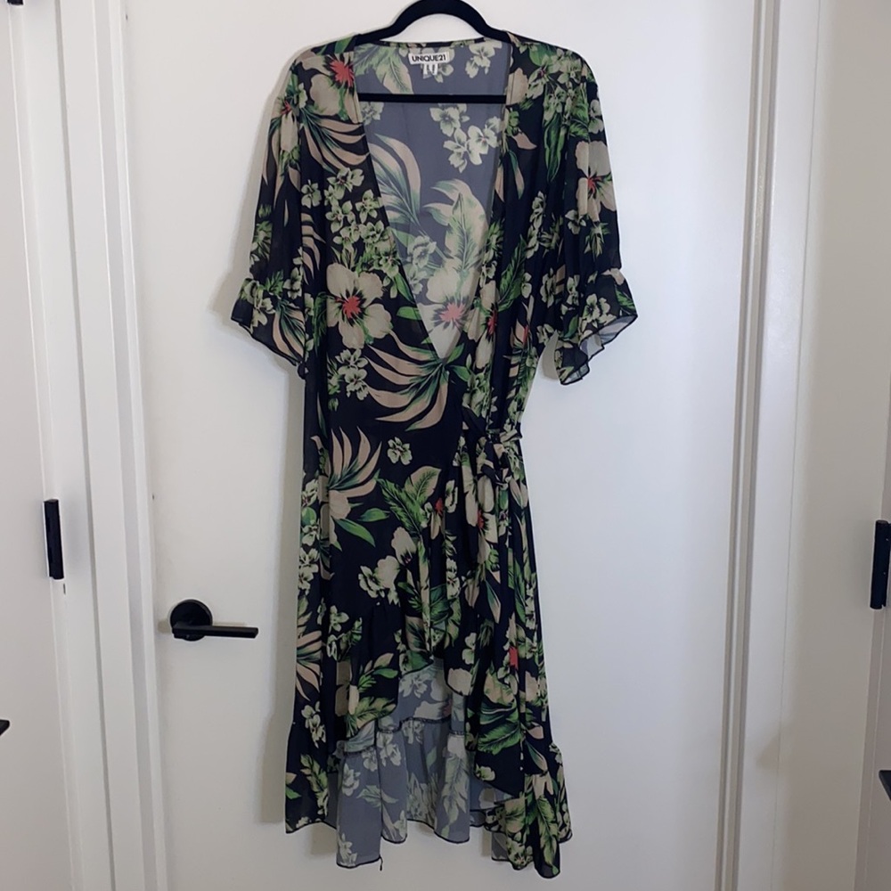 Unique21 Curve Tropical Print Chiffon Wrap Dress